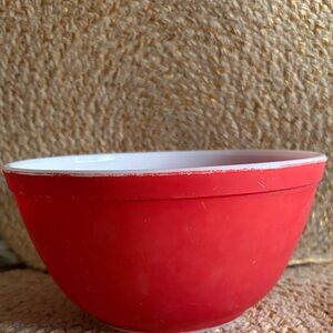 Pyrex Vintage Red / White Ceramic mixing Bowl with Embossed Logo